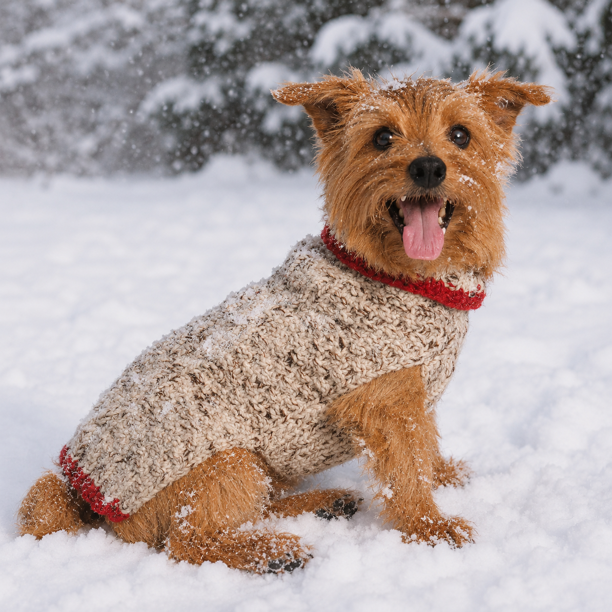 yorkie in the snow wearing wool natural dog sweater with red trim on the neck 