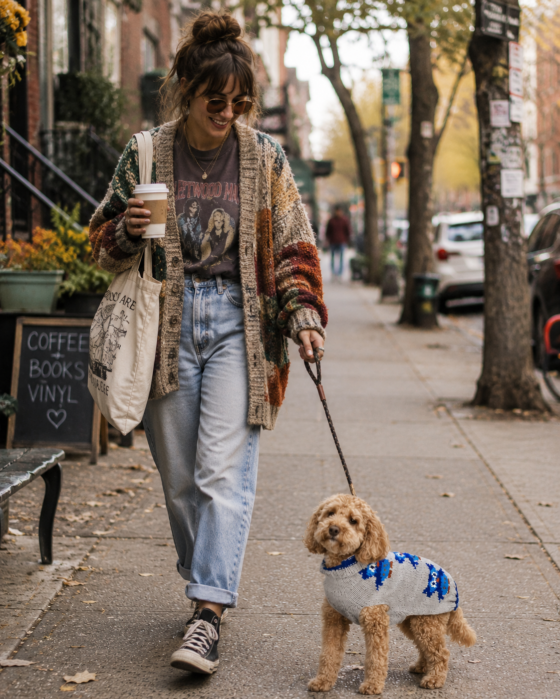 GIRL WALKING DOG IN A FALL SWEATER