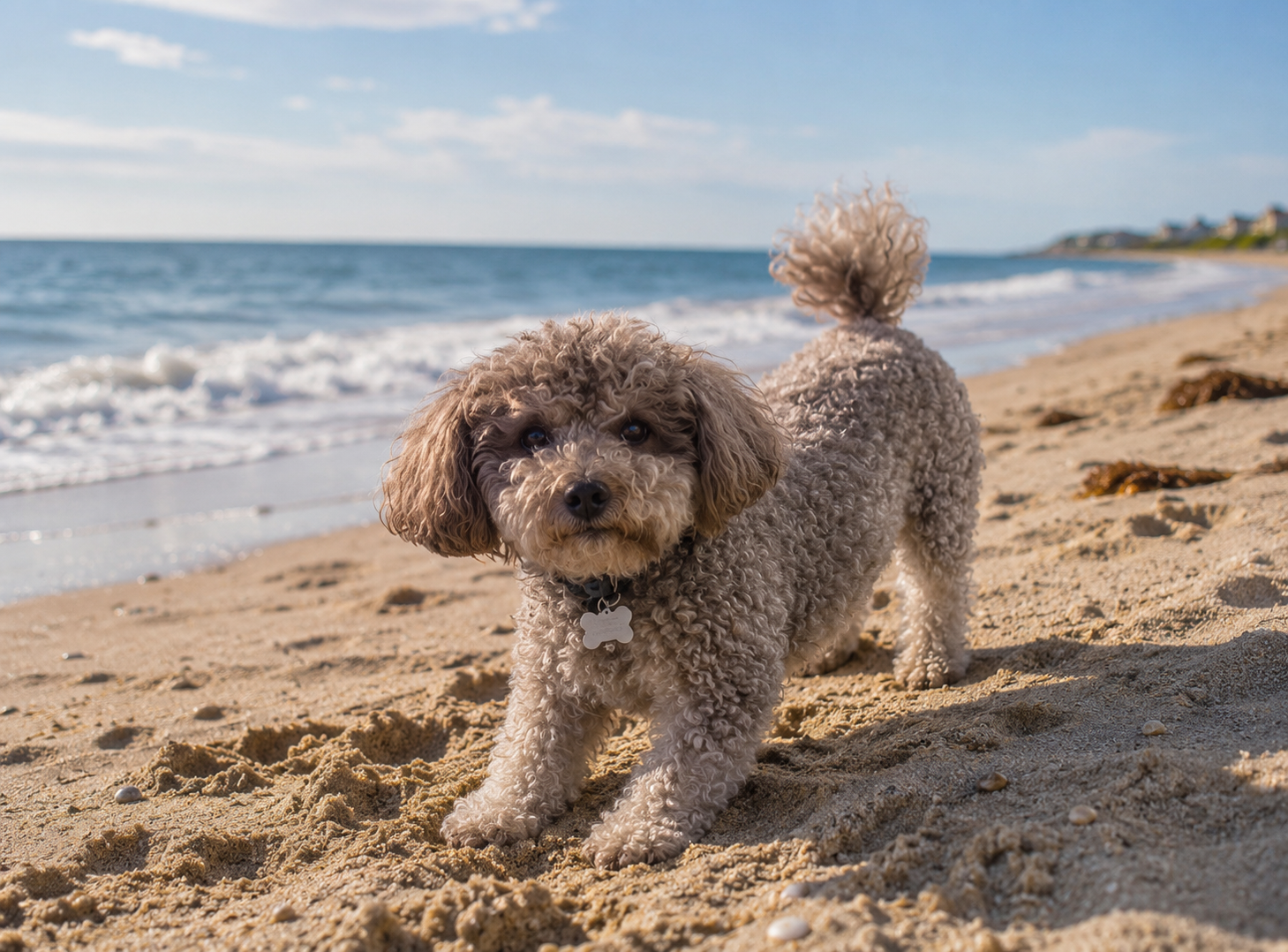 Poodle dog playing on a sandy beach by the ocean 