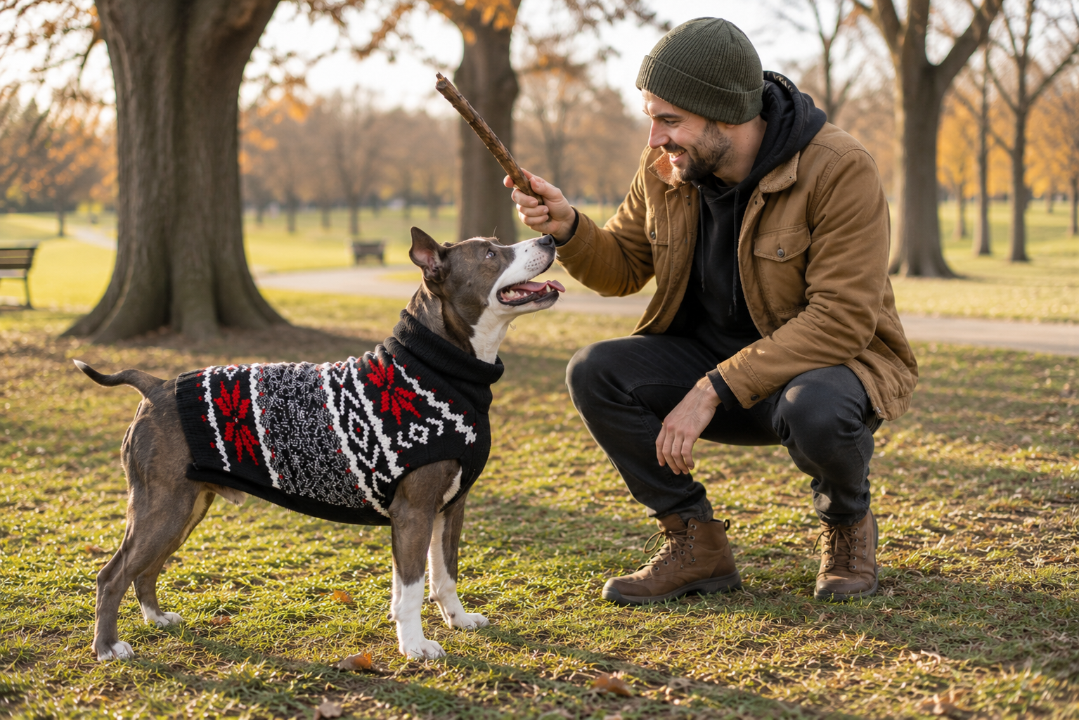 bull dog wearing black sweater with snowflake and guy paling with dog