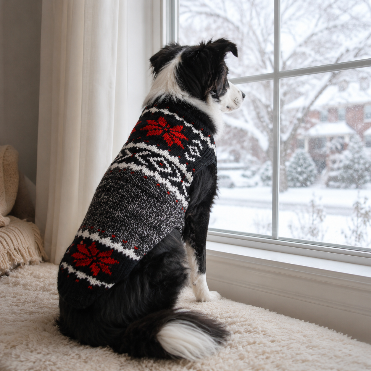 Border collie in snowflake sweater looking out window