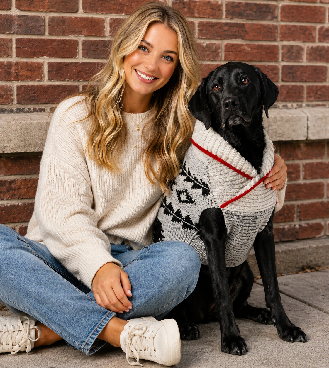 woman with her arm around a black lab wearing a beautiful wool hand knit dog sweater