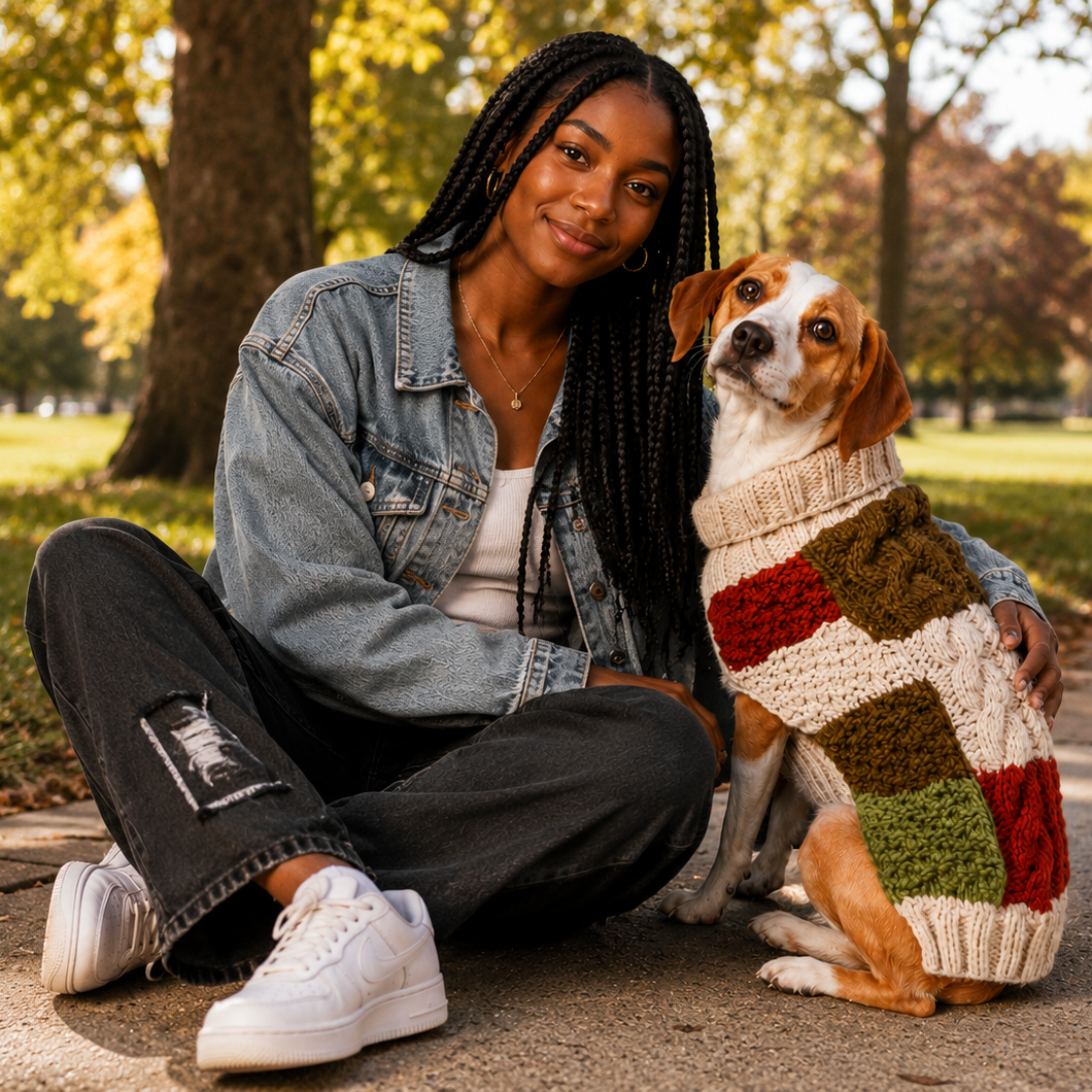 Stylish woman with beagle wearing warm dog sweater in the park