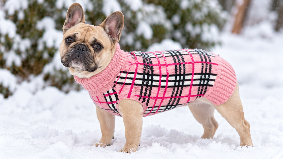 Frenchie in the snow wearing a pink plaid chilly dog sweater