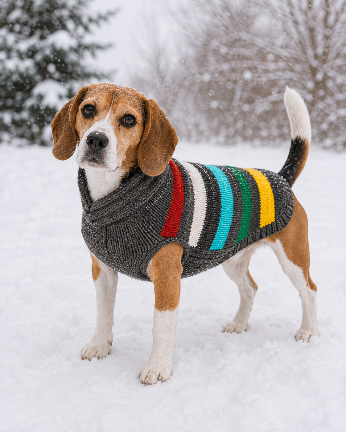 beagle in a striped dog sweater in the snow