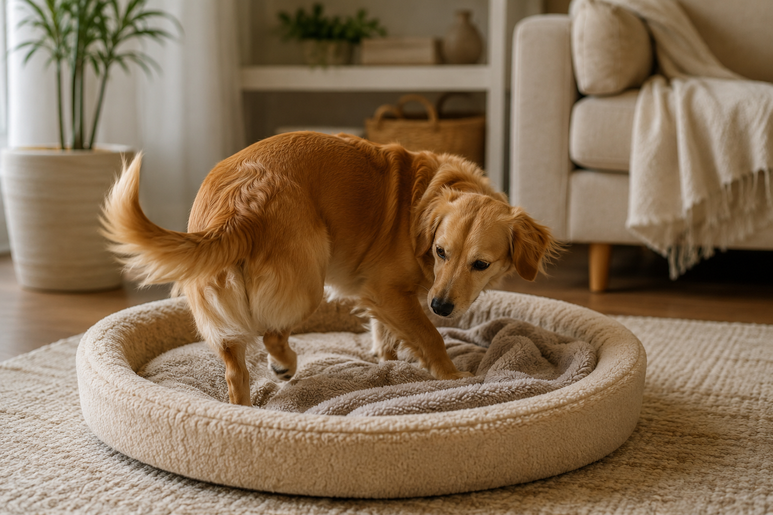 golden retriever circling dog bed before lying down