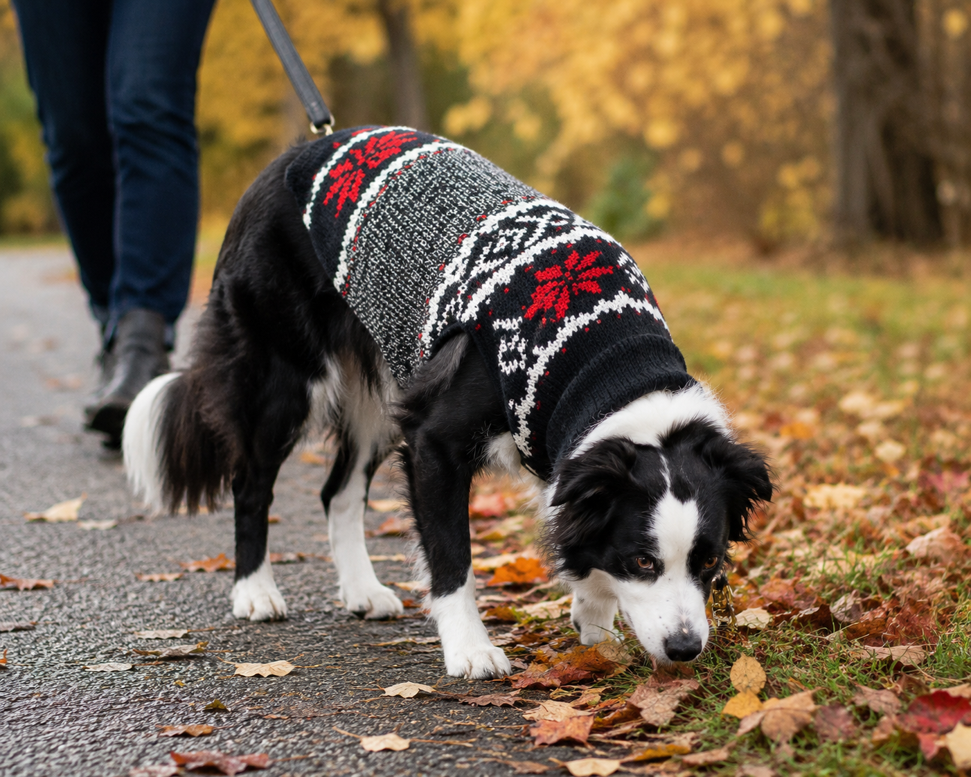 border collie wearing a black and red snowflake dog sweater on a fall walk smelling the ground