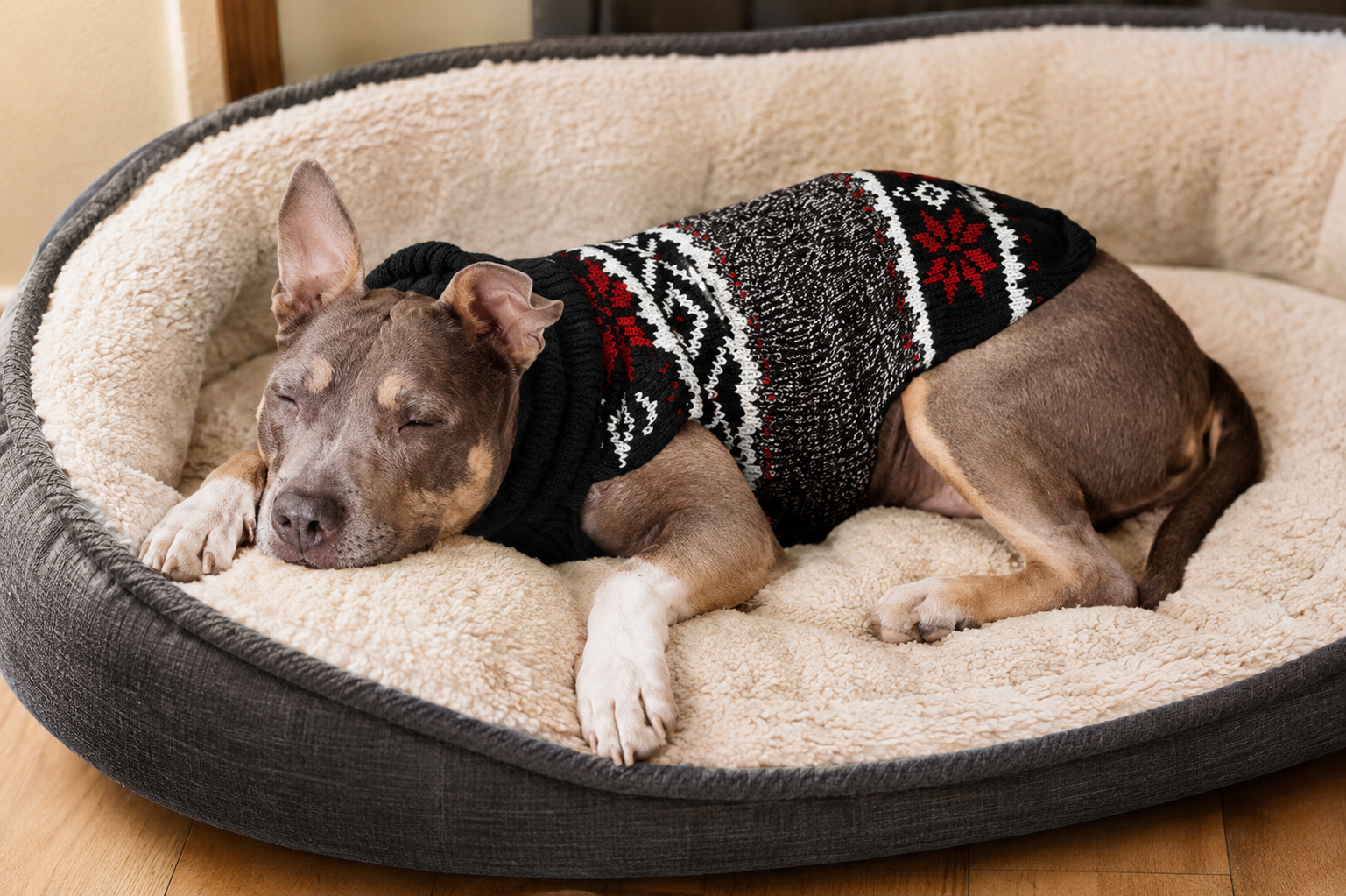 dog in a dog bed wearing a wool back and red dog sweater