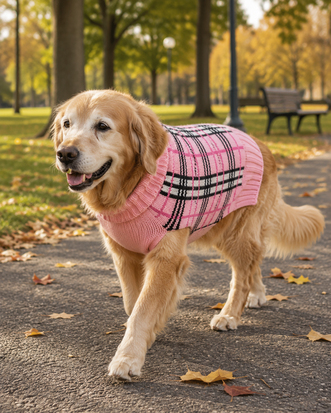senior golden retriever wearing pink wool sweater in dog park