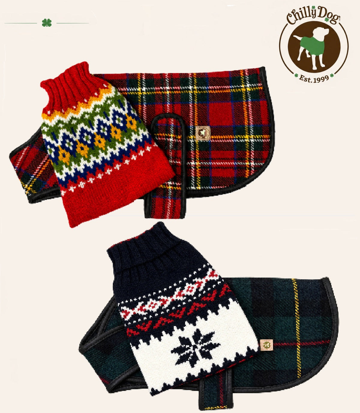Red tartan plaid dog coat with matching red fair isle dog sweater and navy tartan plaid dog coat with navy snowflake dog sweater