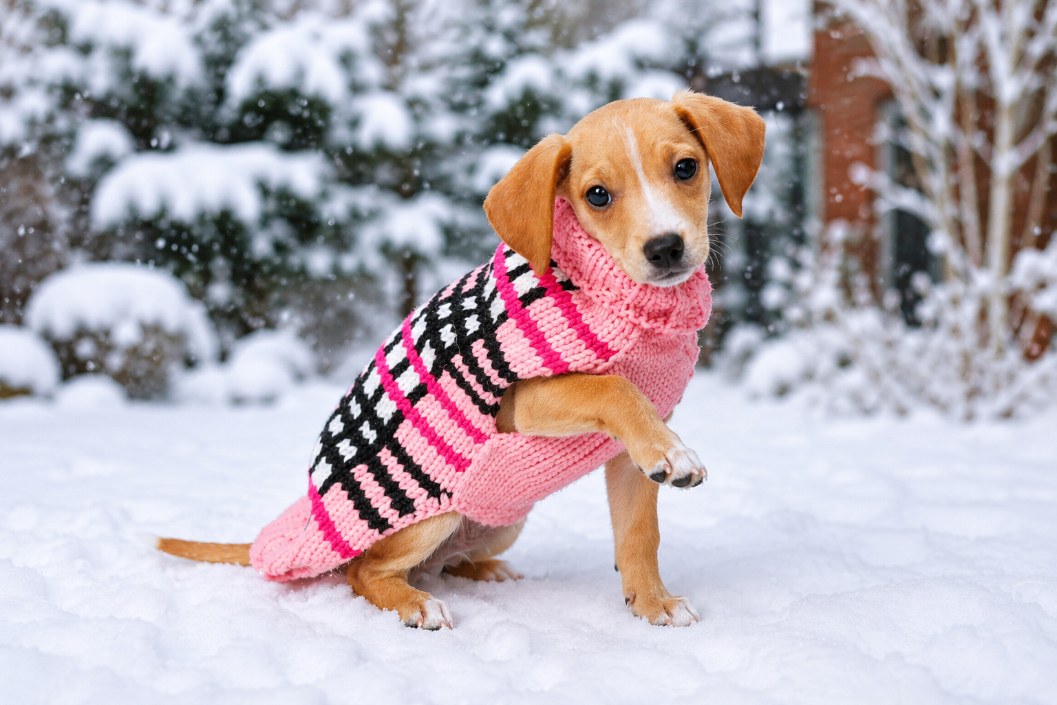 puppy in snow with ice in her paw wearing pink plaid dog sweater