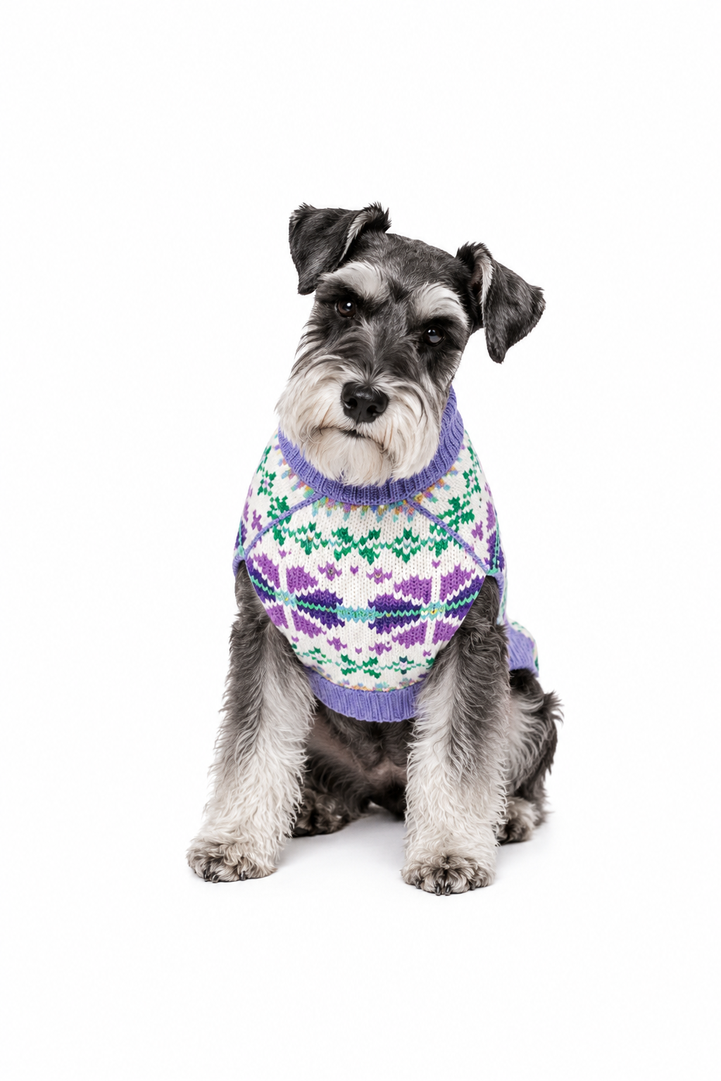 schnauzers wearing a lavender fair isle wool dog sweater by chilly dog