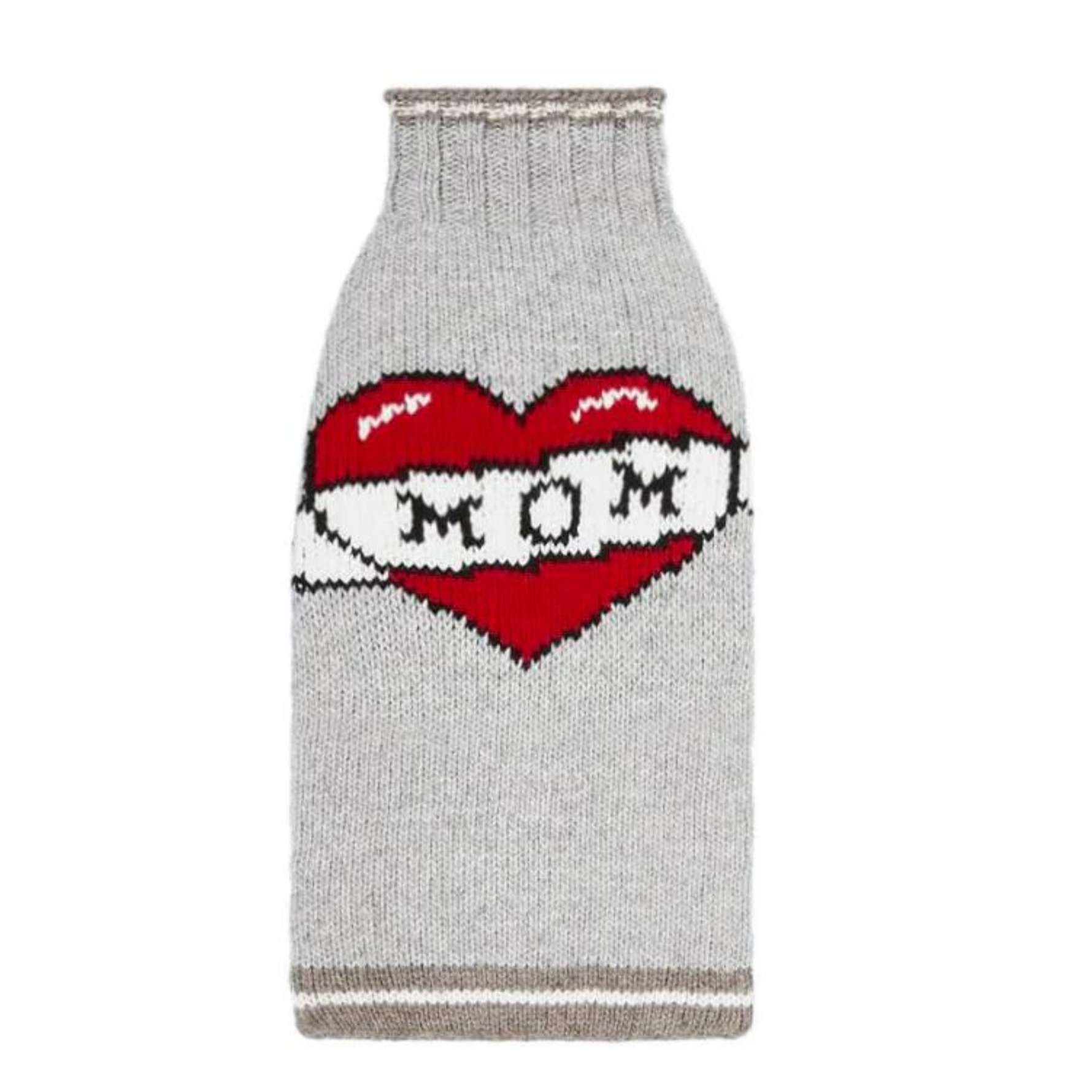 Gray knit dog sweater with a red heart and 'Mom' text on a white background