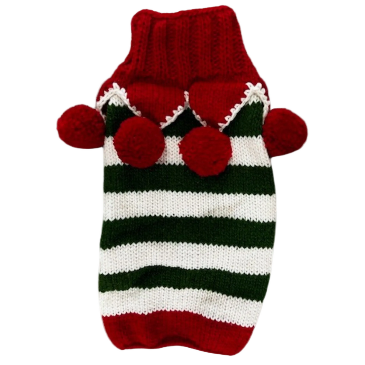 Knitted dog sweater with red, green, and white pattern on a white background
