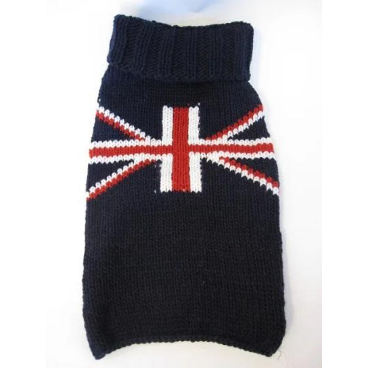 navy knit sweater with Union Jack design on a white background