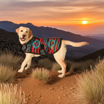 Dog wearing a colorful coat standing on a mountain trail with a sunset in the background