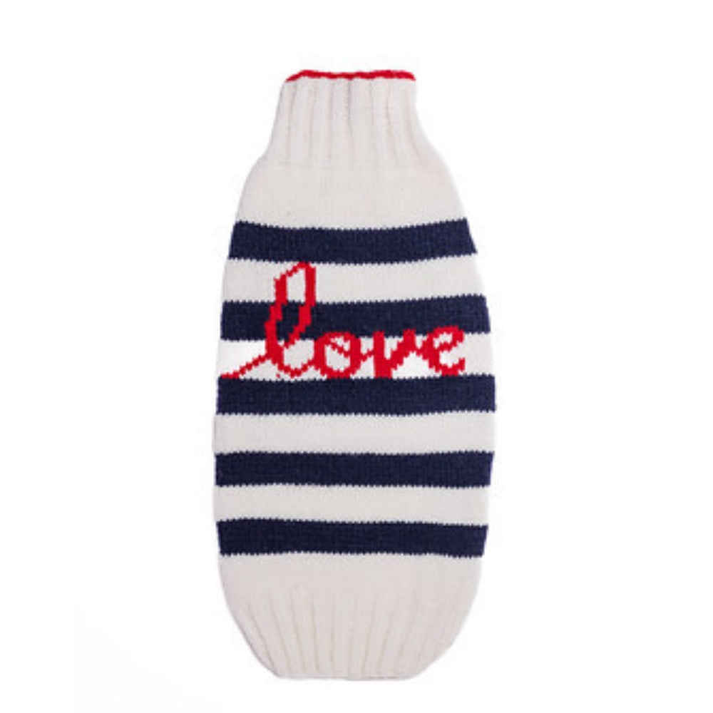 Striped dog sweater with 'love' text on a white background