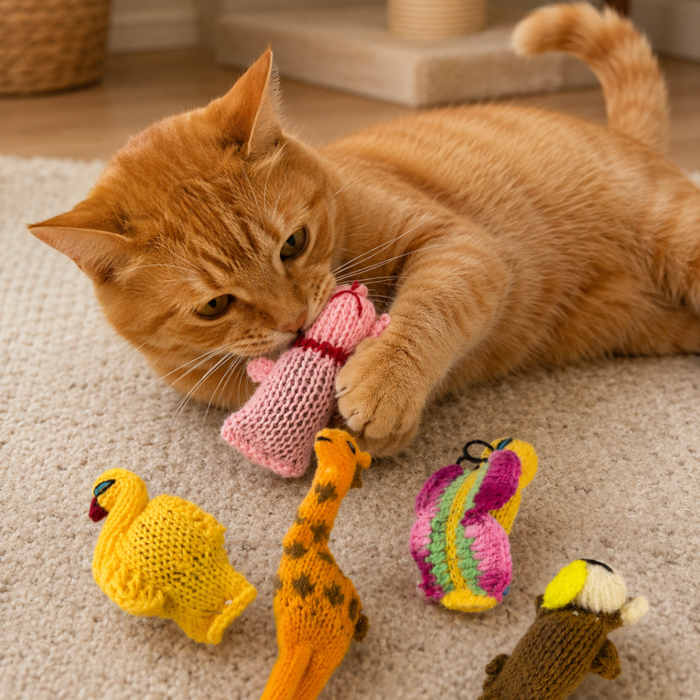 Orange cat playing with colorful knitted toys on a carpeted floor.
