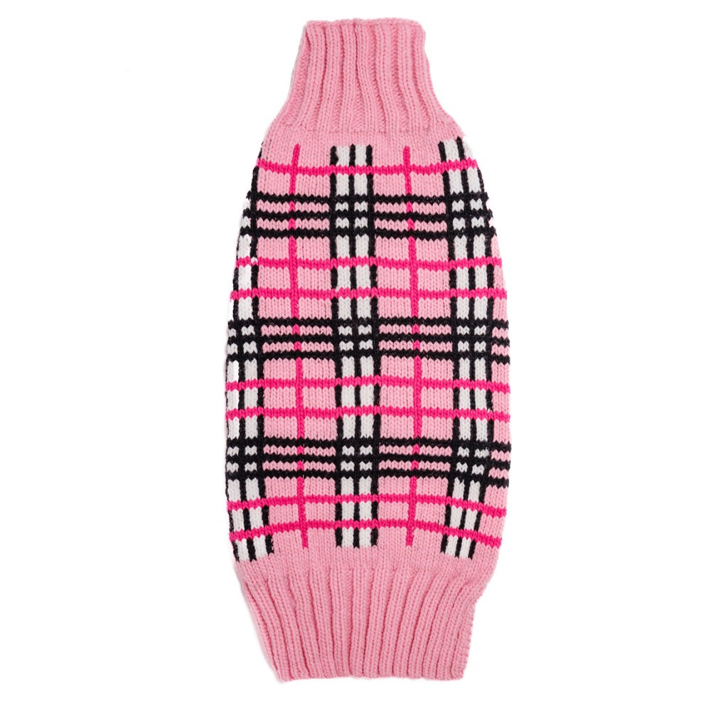 Pink and black plaid dog sweater on a white background