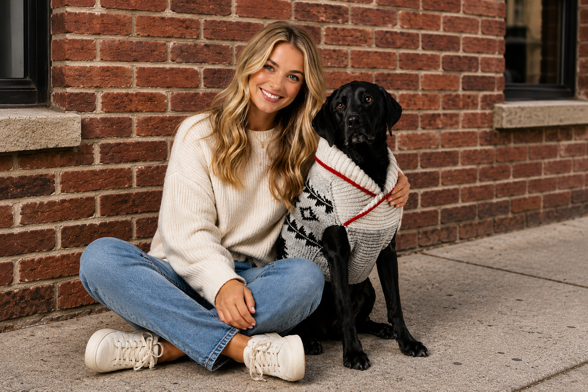 Woman sitting on the ground with a black dog wearing a sweater against a brick wall.