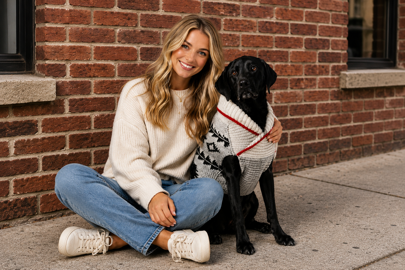Woman sitting on the ground with a black dog wearing a sweater against a brick wall.