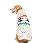 Dog wearing a colorful knitted sweater on a white background