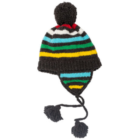 Colorful striped knitted hat with pom-poms on a white background