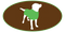 Logo with a white dog wearing a green jacket on a brown background