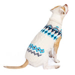 Dog wearing a white sweater with blue and black pattern on a white background