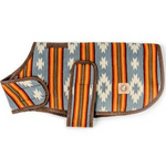 Patterned pet coat with striped design on a white background