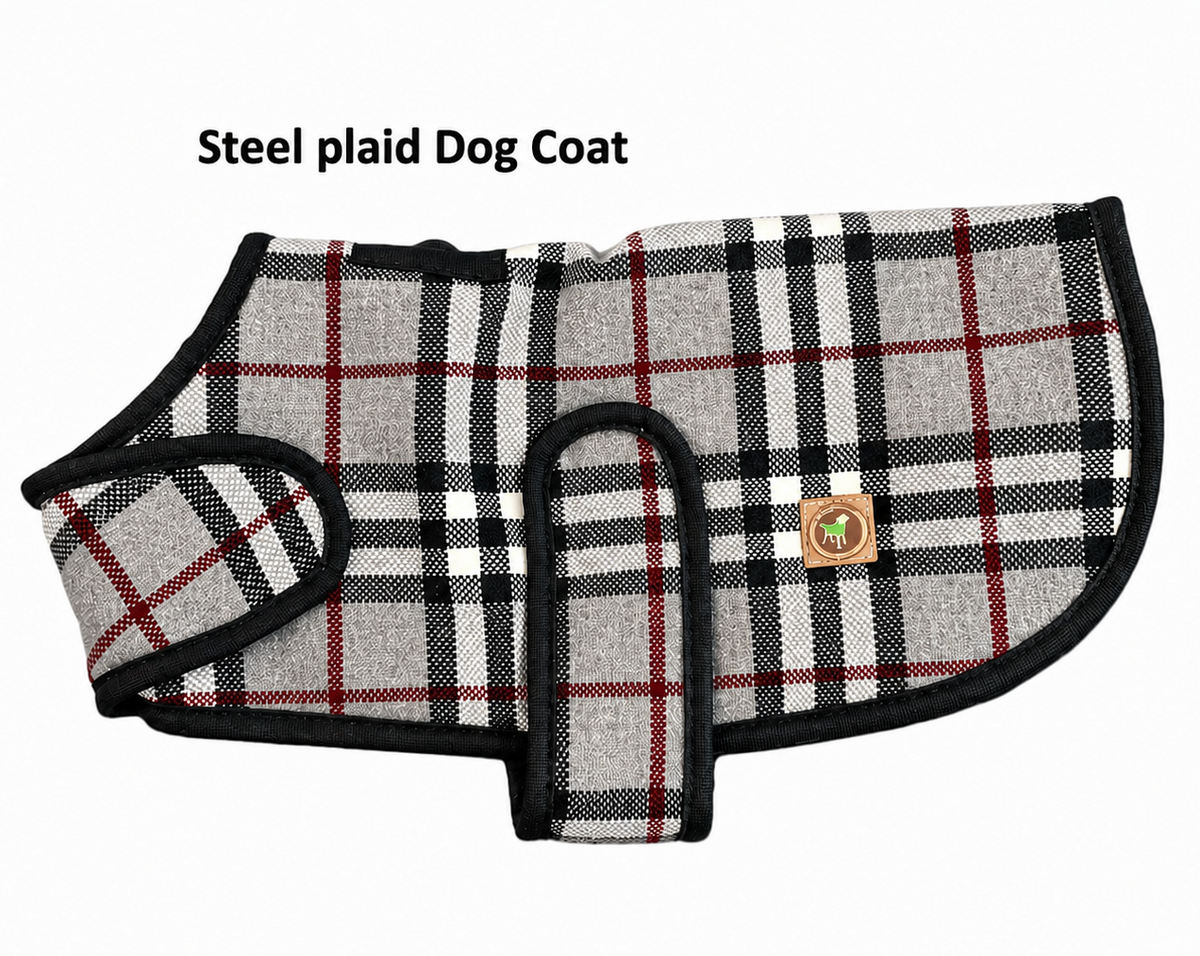 Steel plaid dog coat on a white background