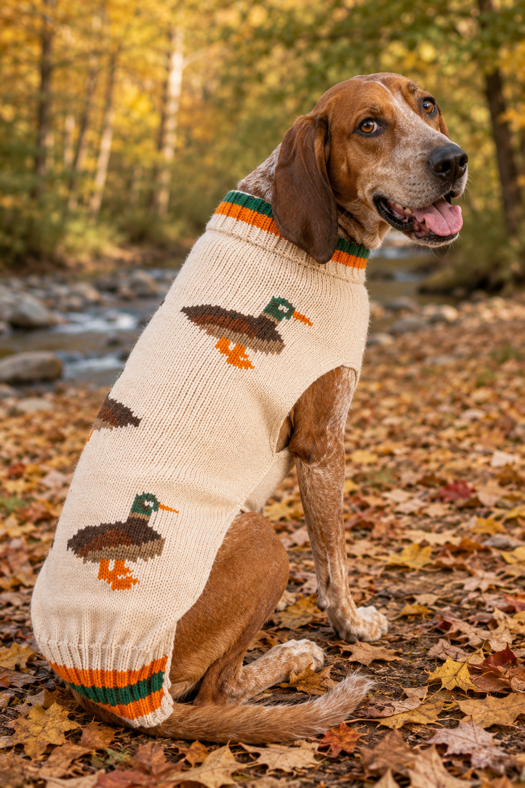 A brown hound dog wearing a knitted duck-print sweater sits on a leaf-covered ground in an autumn outdoor setting with a stream and trees in the background.