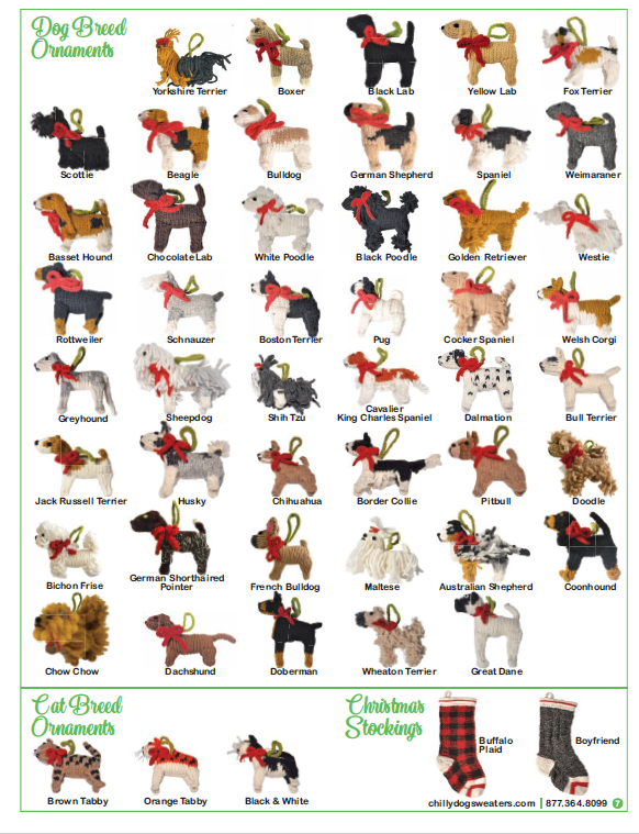 Christmas ornaments and stockings Chilly Dog products