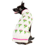 Dog wearing a white sweater with green frog patterns on a white background