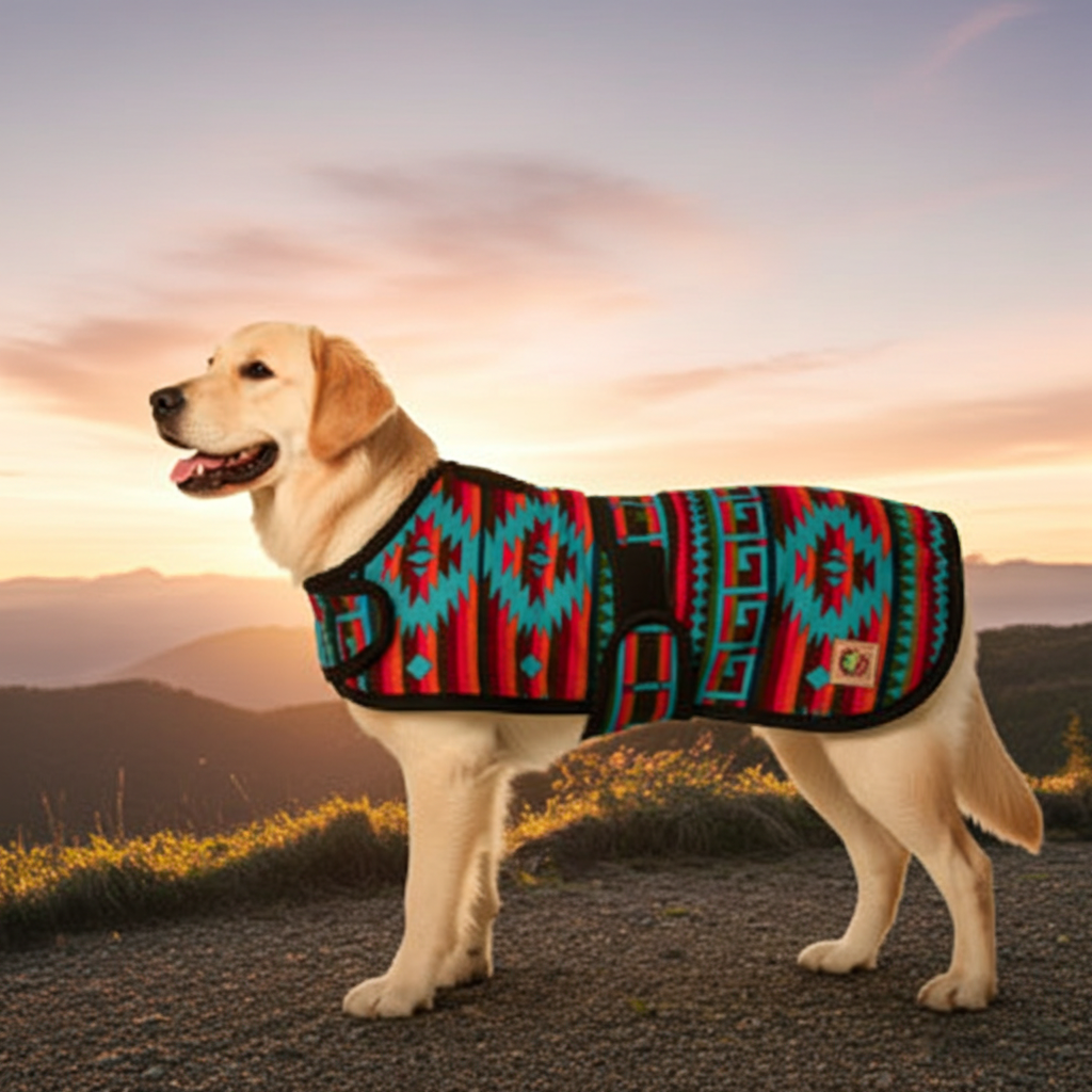 Dog wearing a colorful patterned coat standing on a mountain path with a sunset in the background