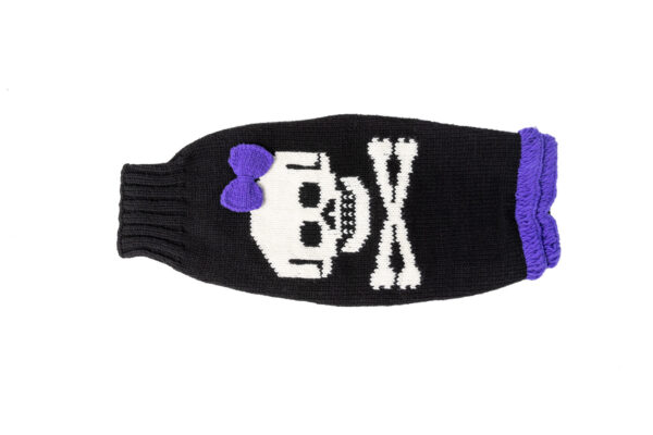 Purple Bow Skull Wool Dog Sweater flat back