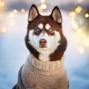 Siberian-Husky-wearing-carmel-cable-knit-sweater